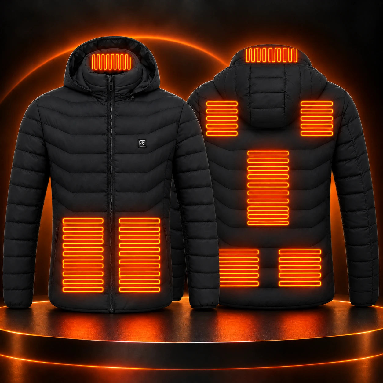 Black Static North heated jacket shown from the front and back