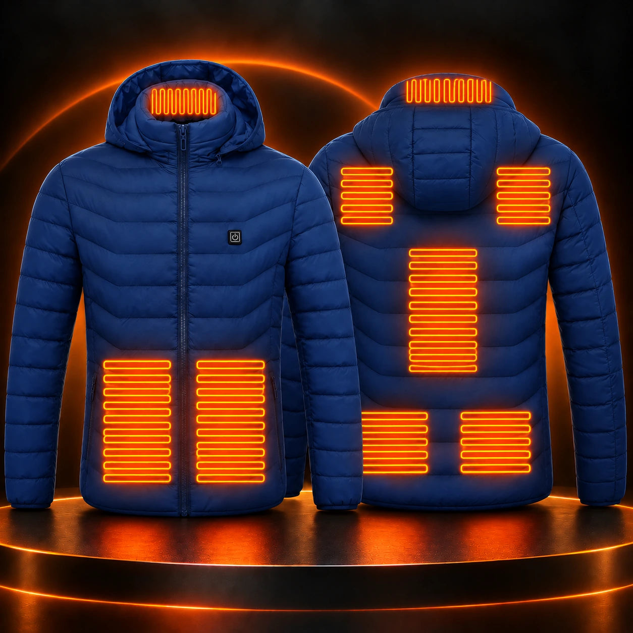 Blue Static North heated jacket shown from the front and back