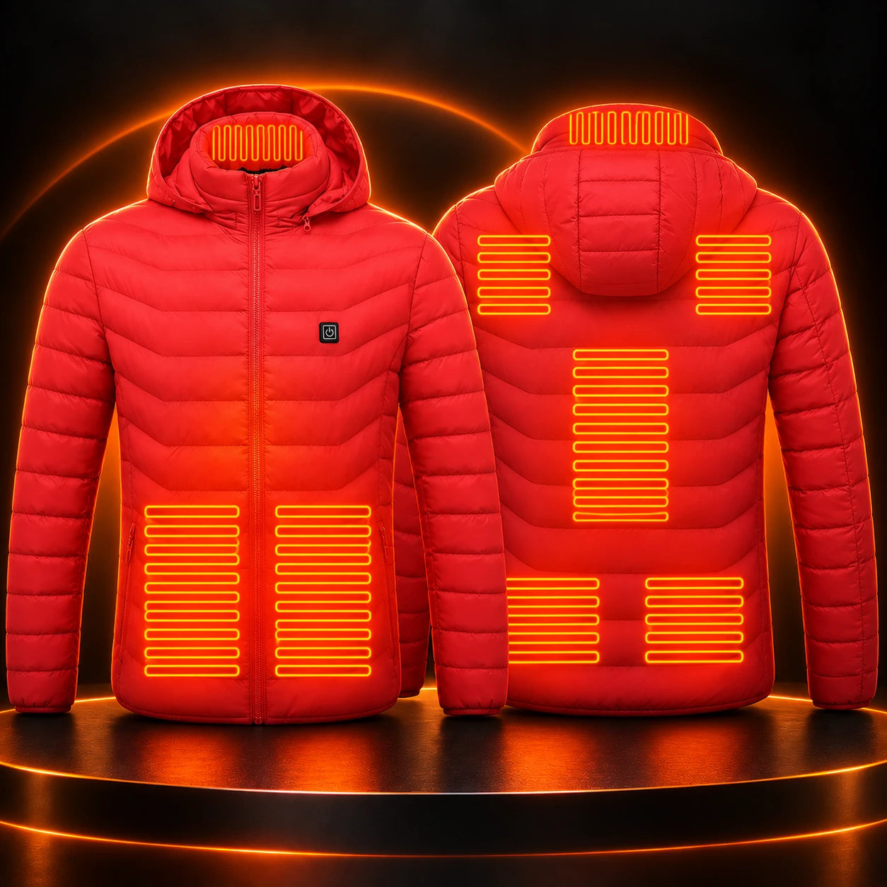 Red Static North heated jacket shown from the front and back