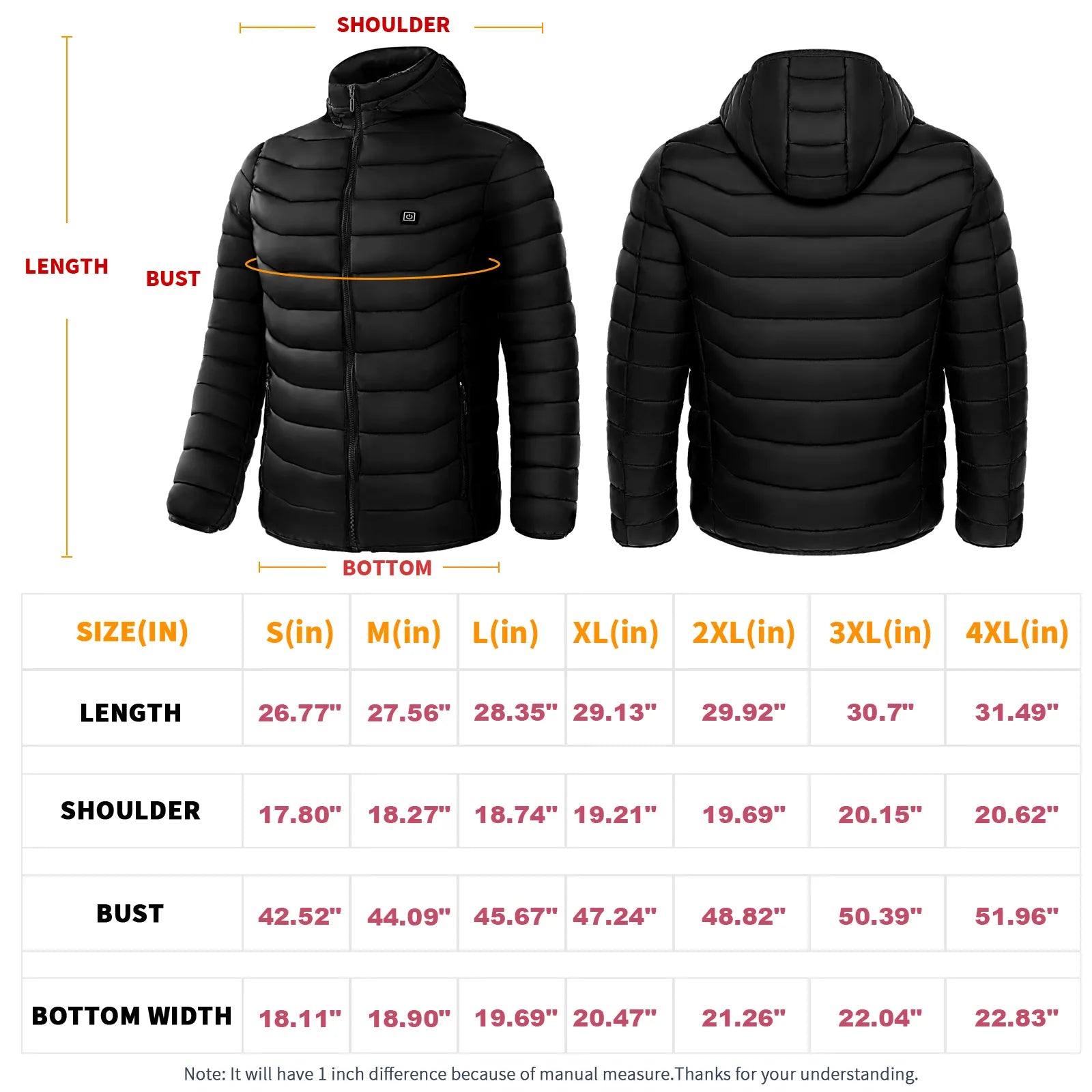 Static North heated jacket size chart